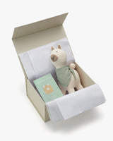 Stuffed alpaca in a box with a card placed beside it.