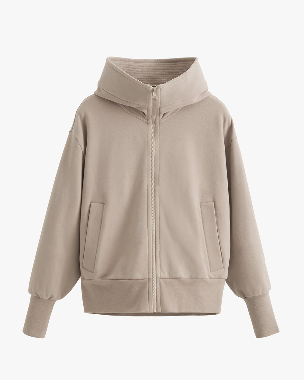 Hooded jacket with a zipper and front pockets on a plain background.