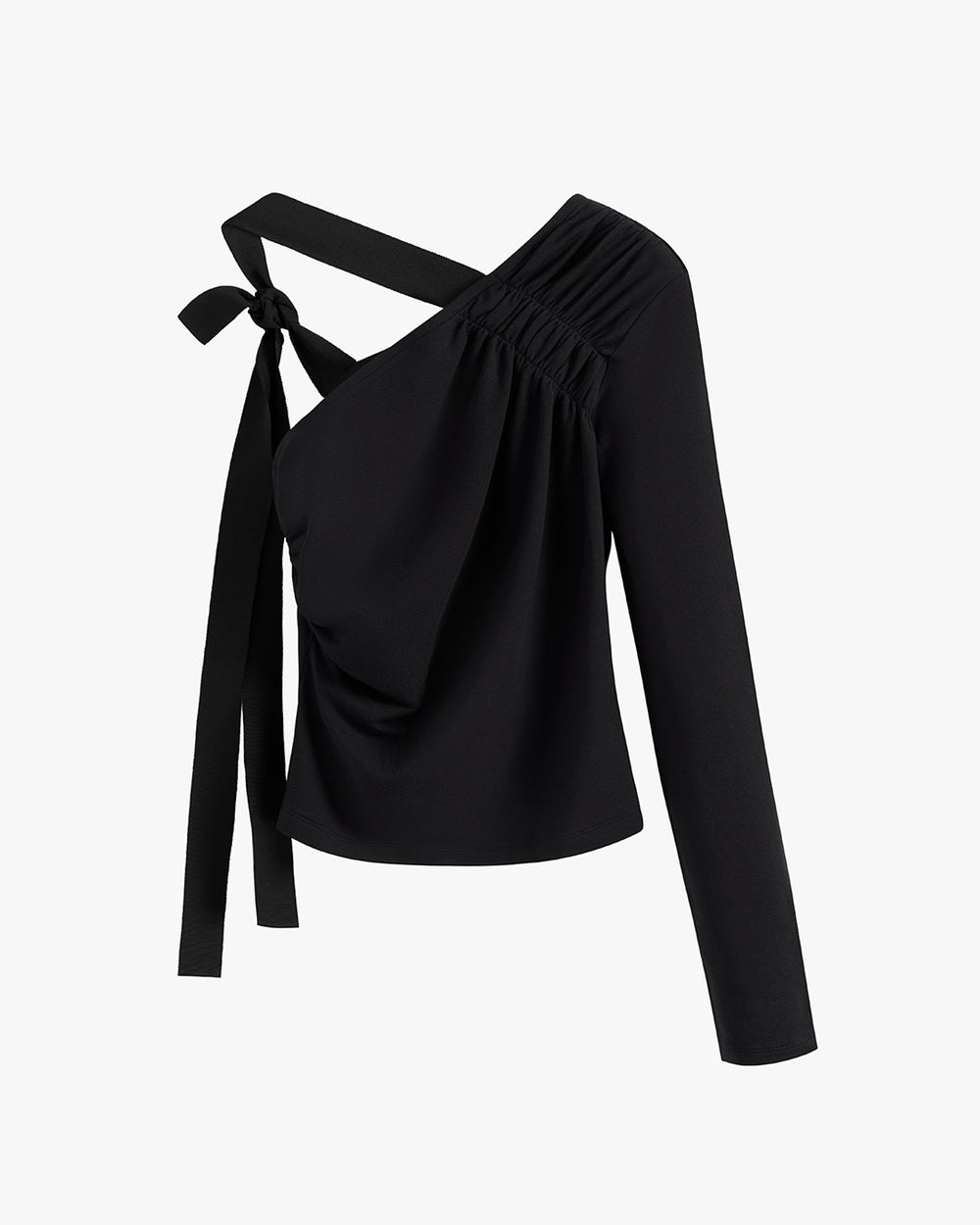 One-shoulder blouse with a tied bow and long sleeve.