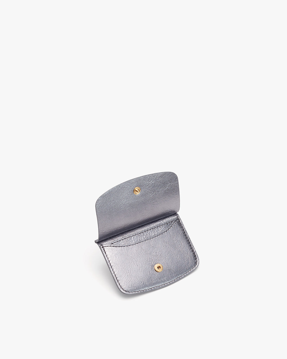 Open small wallet with snap fastener on a plain background.