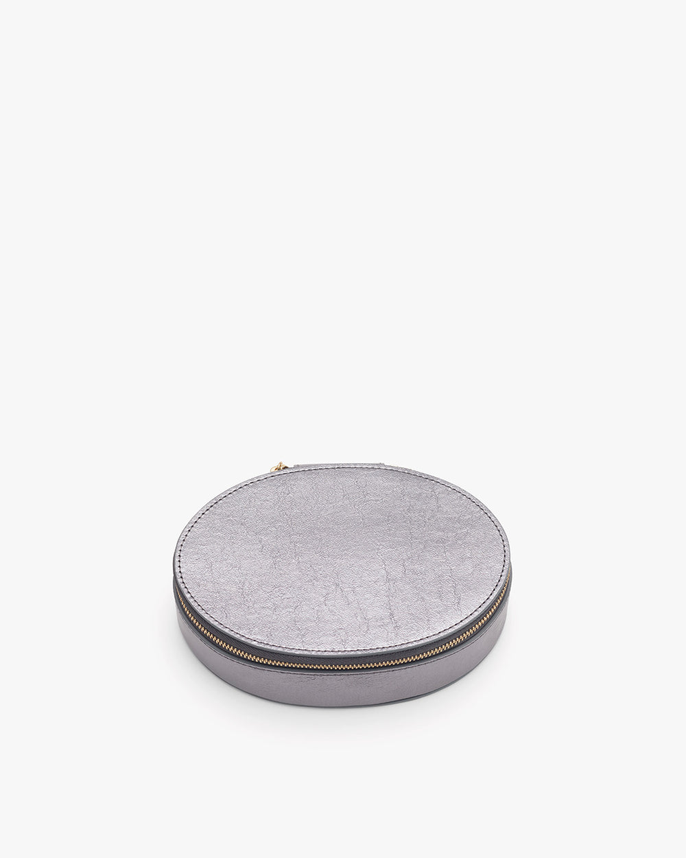 Round zippered case on a plain background