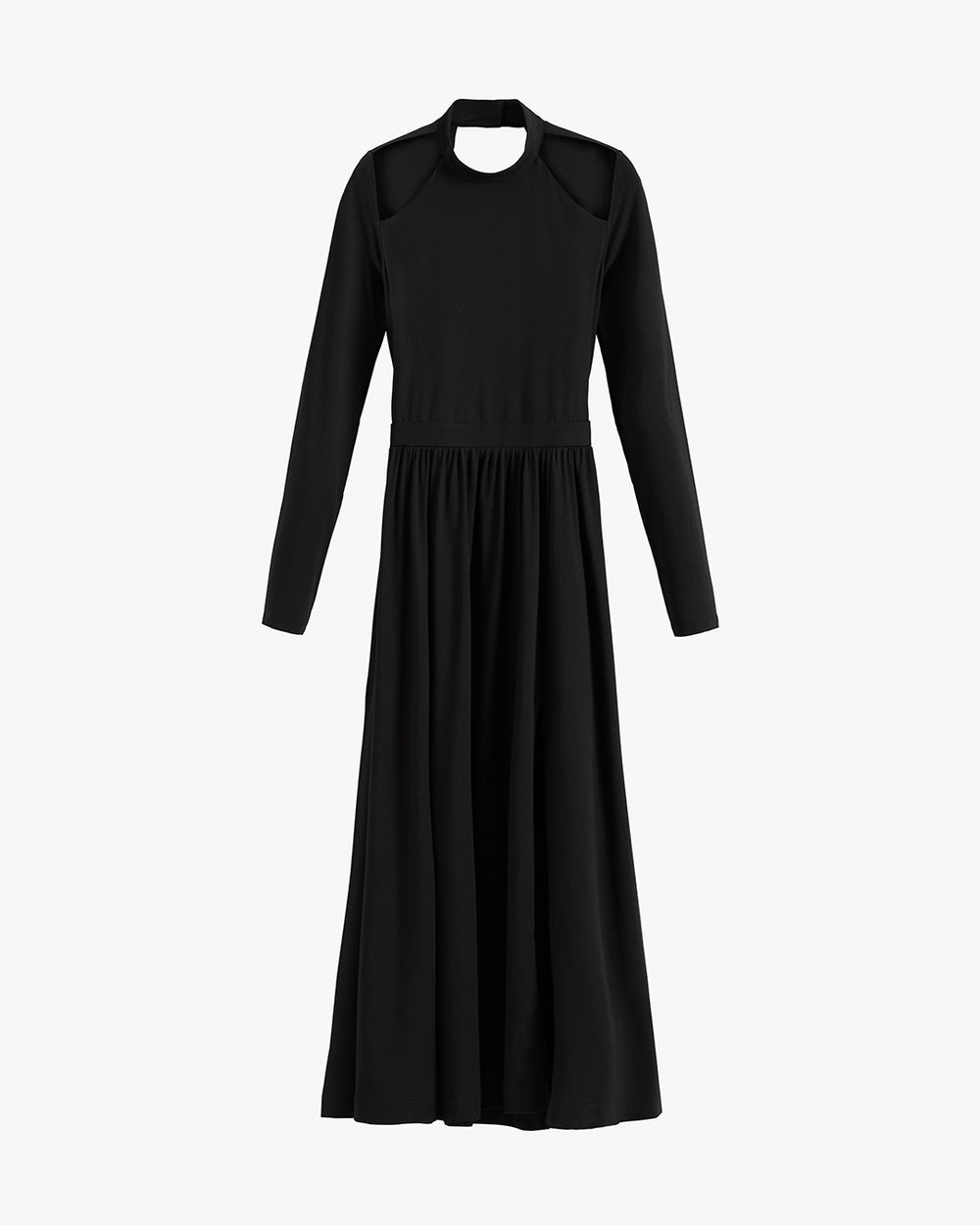 Long-sleeved dress with a crew neck and cinched waist.
