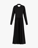 Long-sleeved dress with a crew neck and cinched waist.