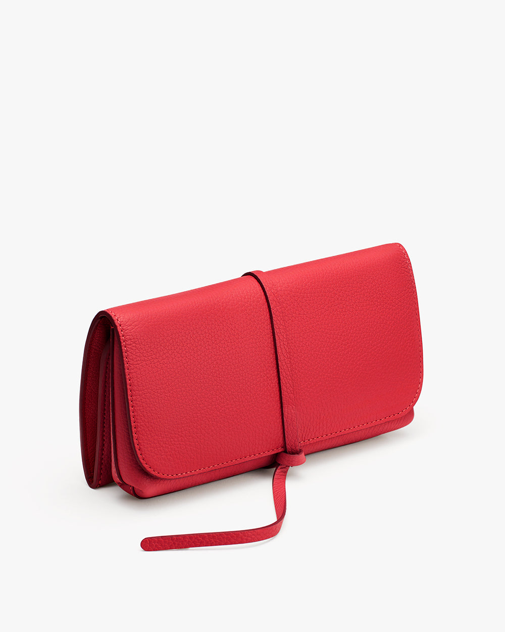 Rectangular clutch bag with a wraparound strap.