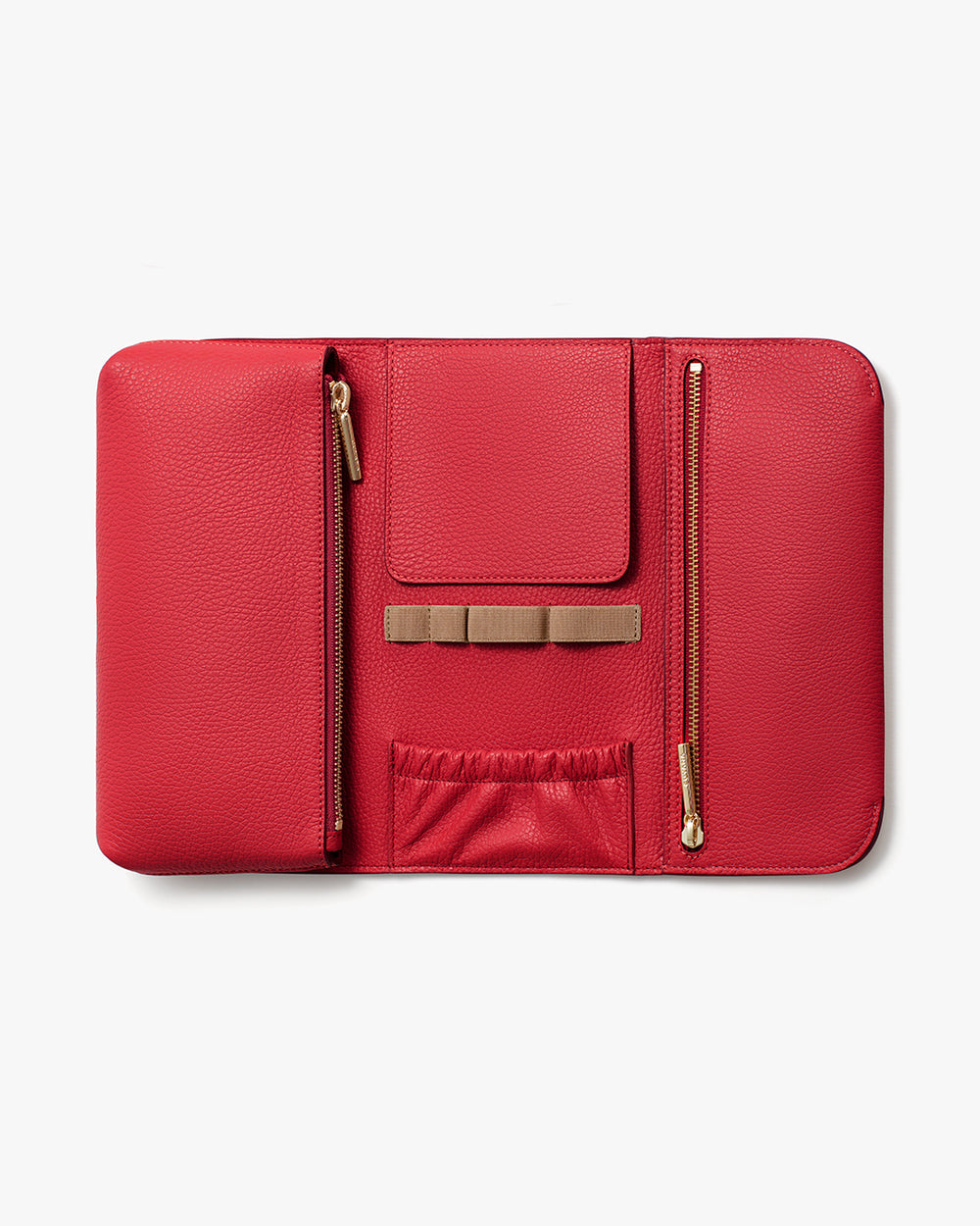 Open folio with zipper compartments and elastic straps