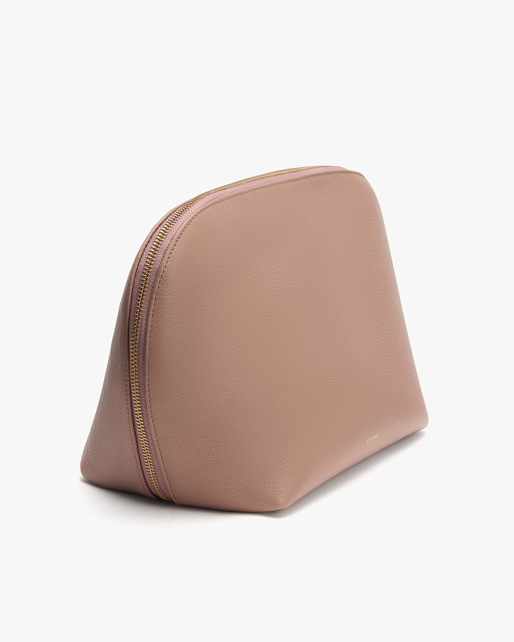 Rounded zippered pouch with minimal design.