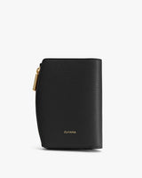 Small textured wallet with a zipper closure and a logo on the front.