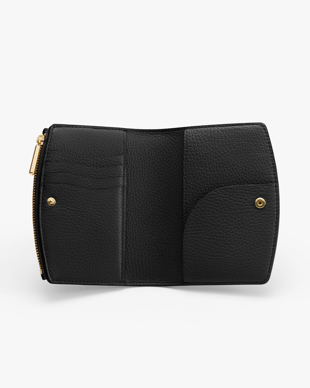 Open wallet with multiple compartments and a zipper pocket.