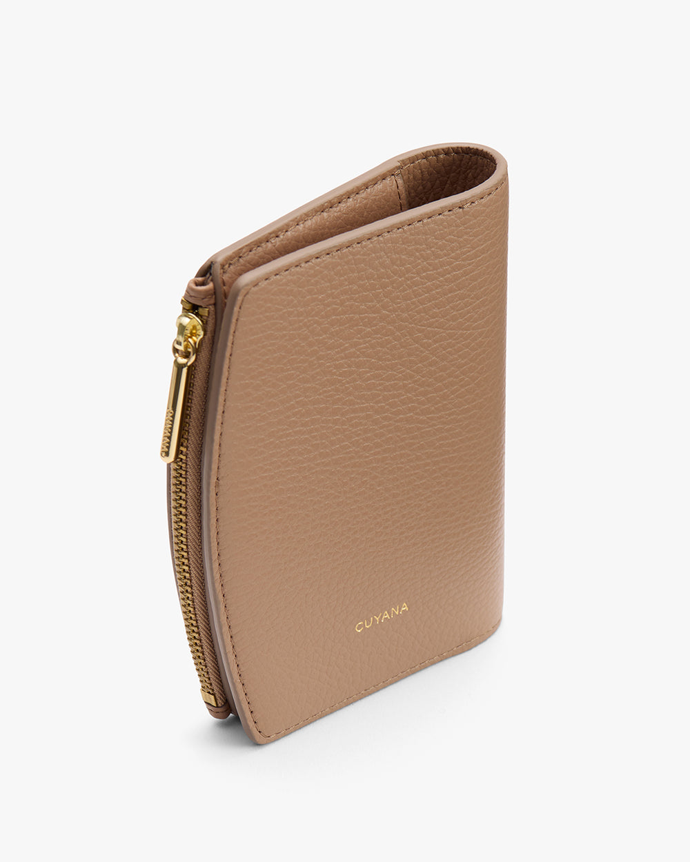 Wallet with a zipper closure shown from an angled view.