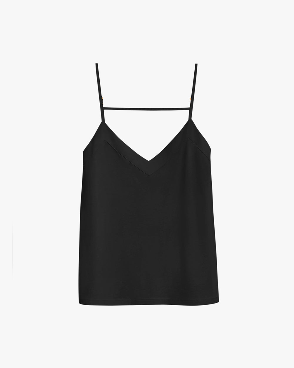 Sleeveless top with thin straps and a V-neckline.