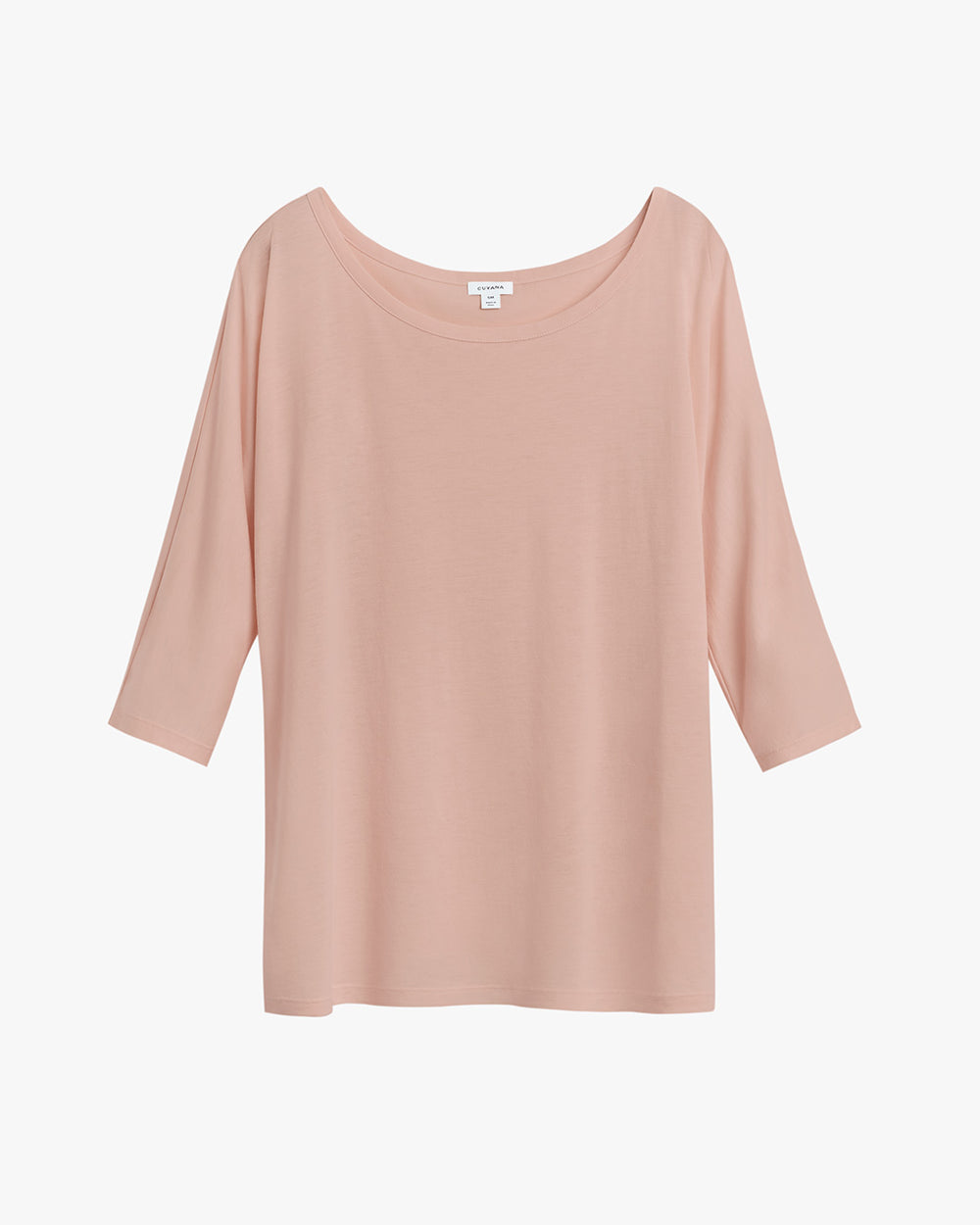 Plain blouse with three-quarter sleeves and a round neckline.