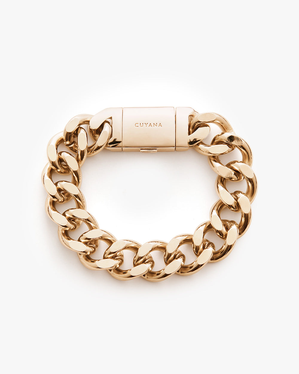 Bracelet with thick chain links and clasp closure on a white background.