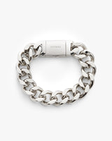 Metal bracelet with thick chain links and a clasp closure.