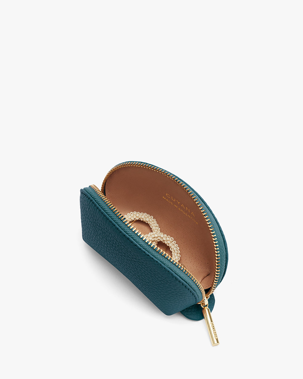 Half-open small purse with a zipper and jewelry inside.