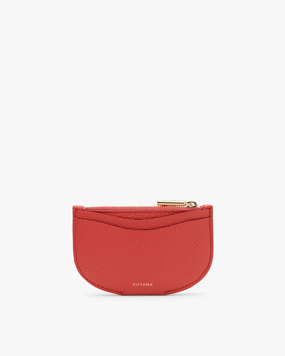 Small half-moon shaped wallet with zipper at top edge.