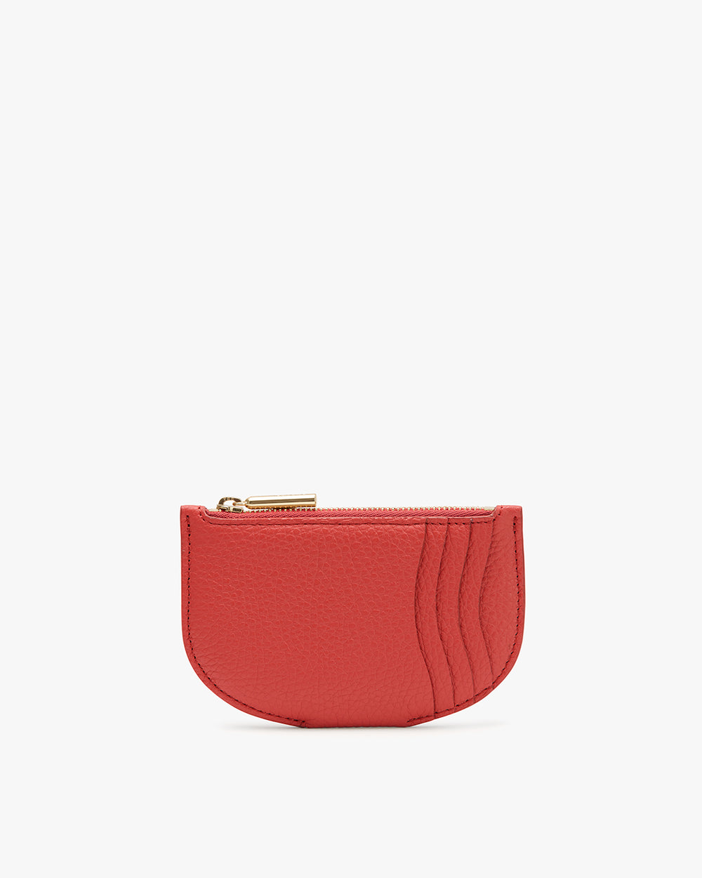Small half-moon wallet with zipper on top.