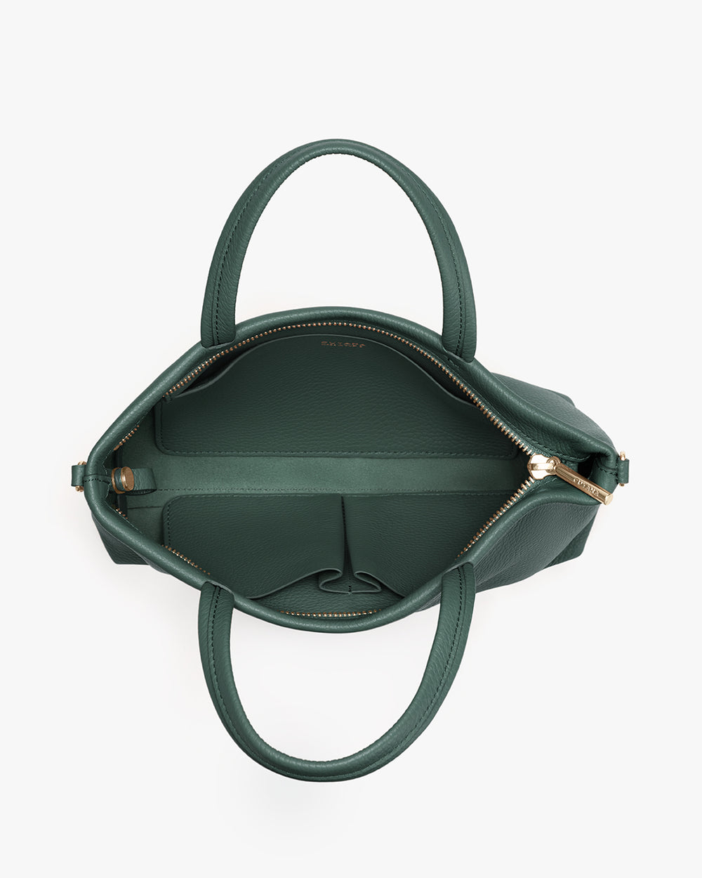 Top view of an open handbag with two handles and a visible zipper.