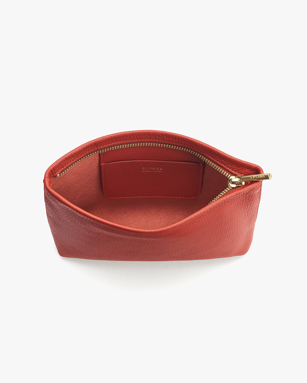 Small open pouch with visible zipper and interior label.