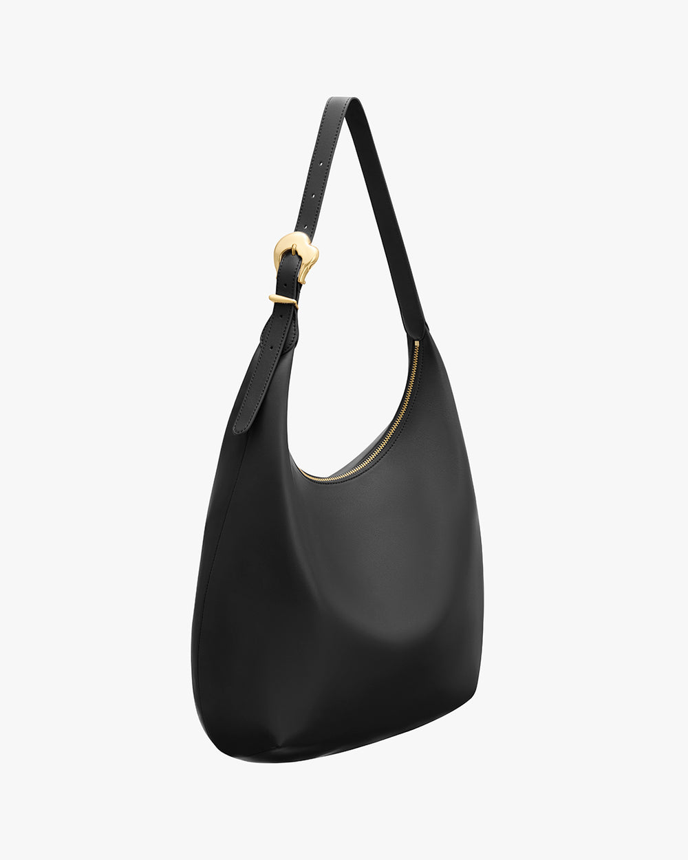 Black shoulder bag with gold buckle on strap