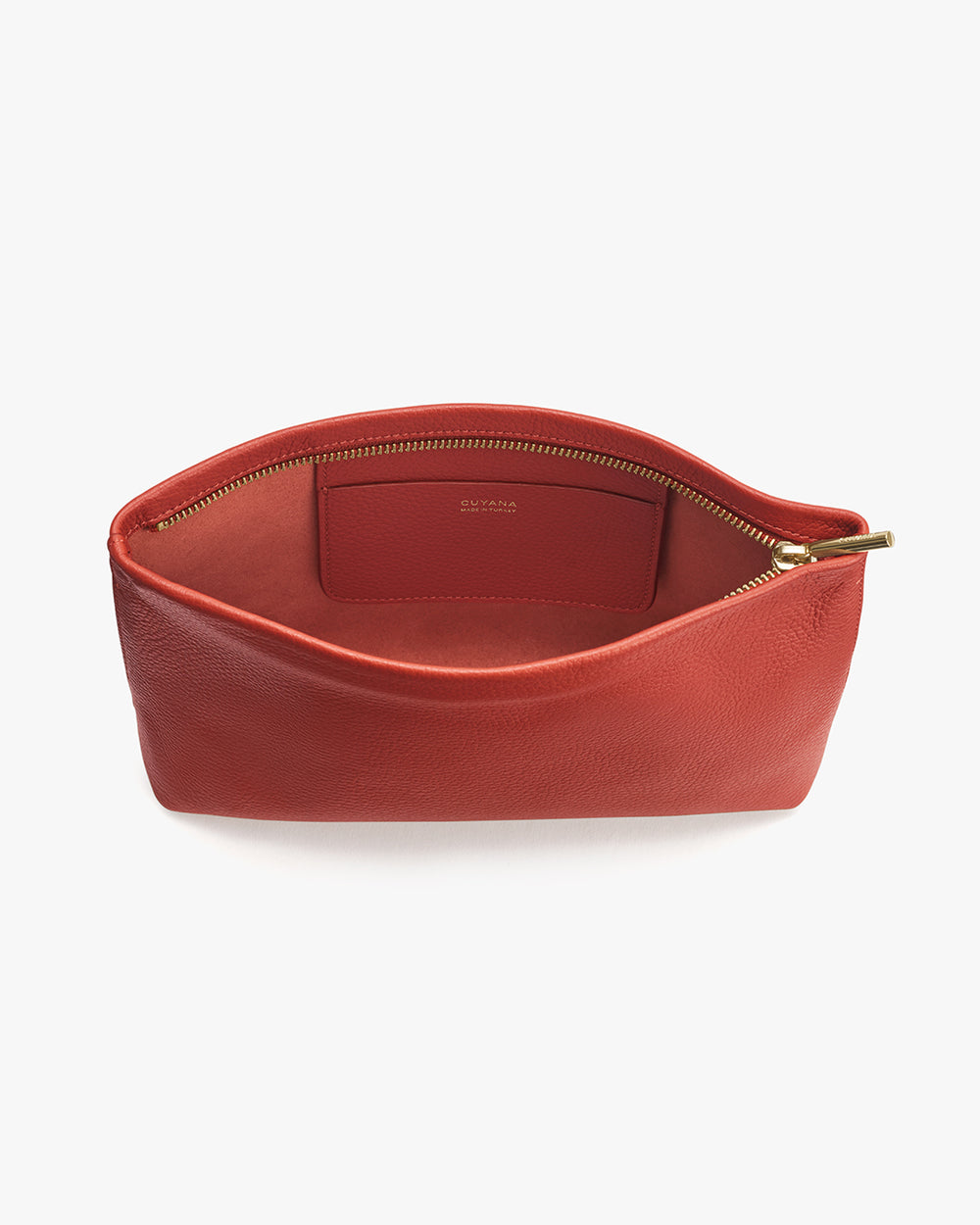 Open leather pouch with visible zipper on top.