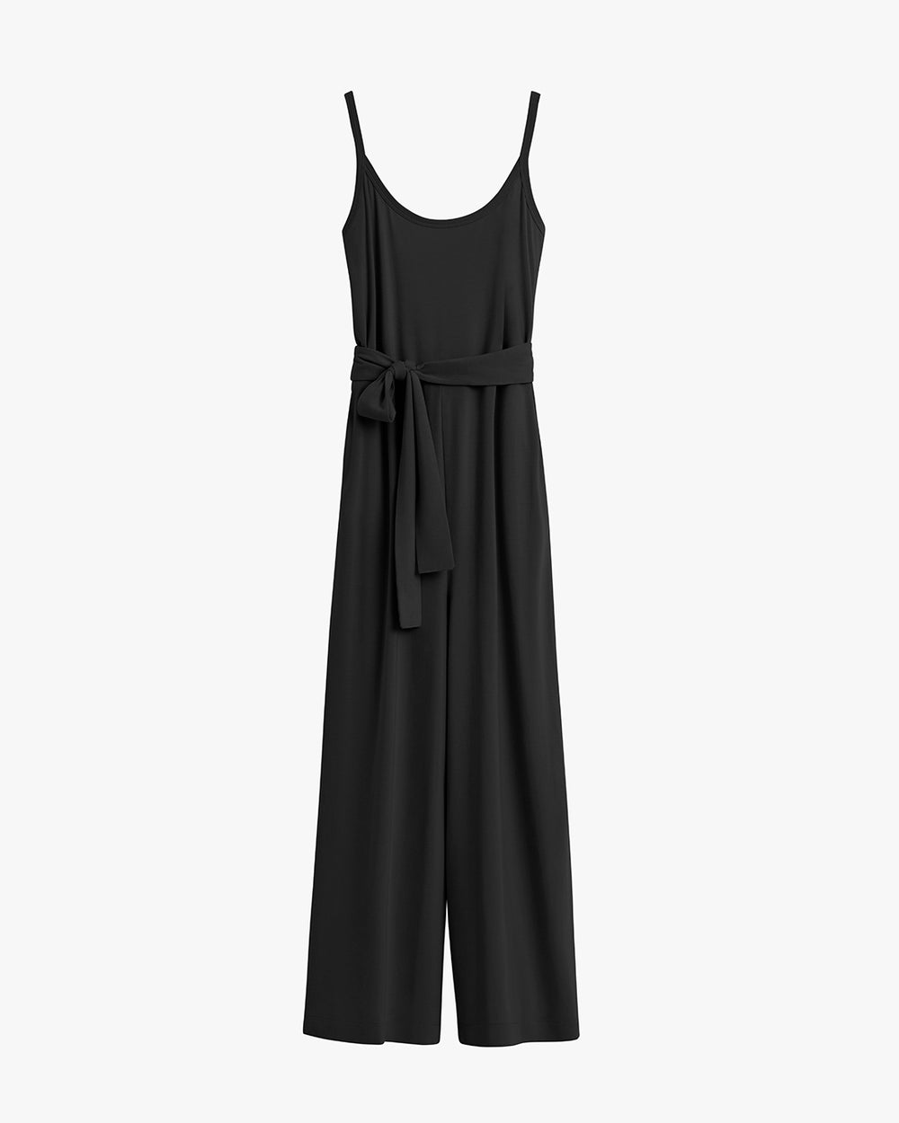 Sleeveless jumpsuit with a tie at the waist.