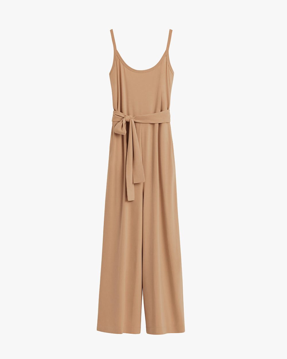 Sleeveless jumpsuit with a belt and wide-leg pants.