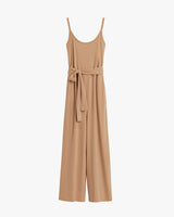 Sleeveless jumpsuit with a belt and wide-leg pants.