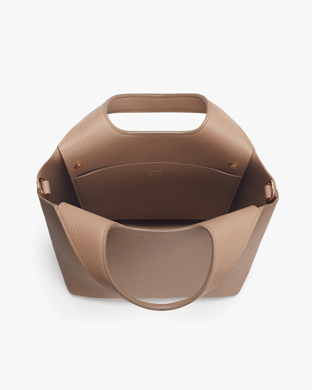 Open handbag with a handle and spacious interior pocket.