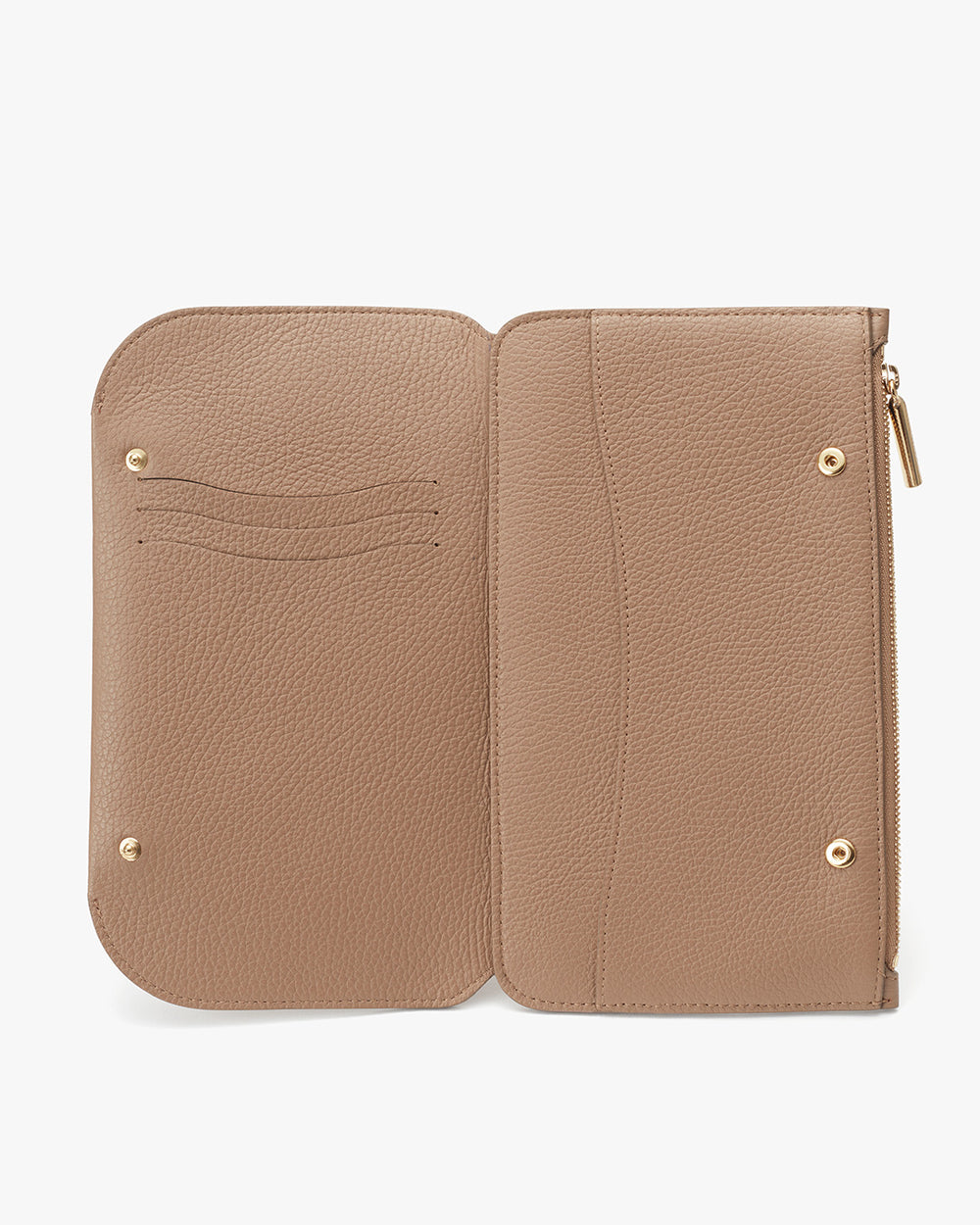 Open leather wallet with stitching and zipper details
