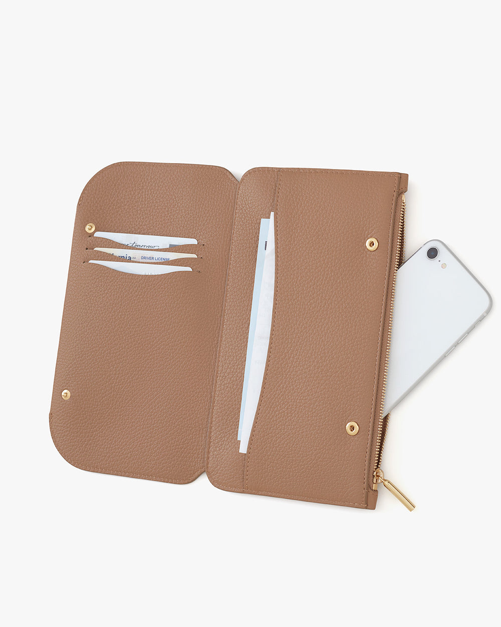 Open wallet with cards, pen, and smartphone inside.