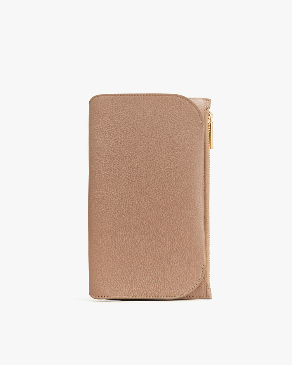 Wallet with a zipper closure standing upright.