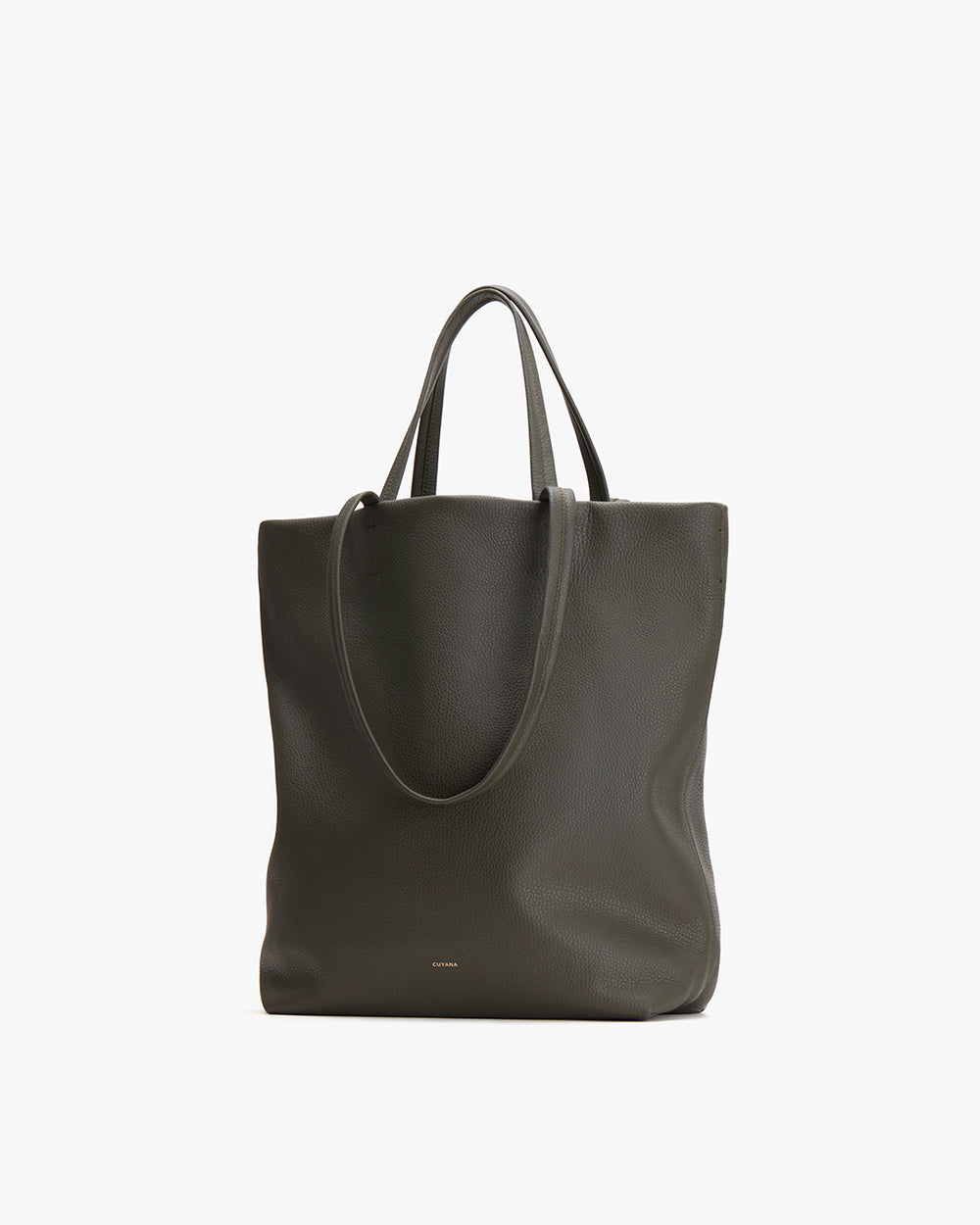 Tote bag with two handles and a brand logo at the bottom center.