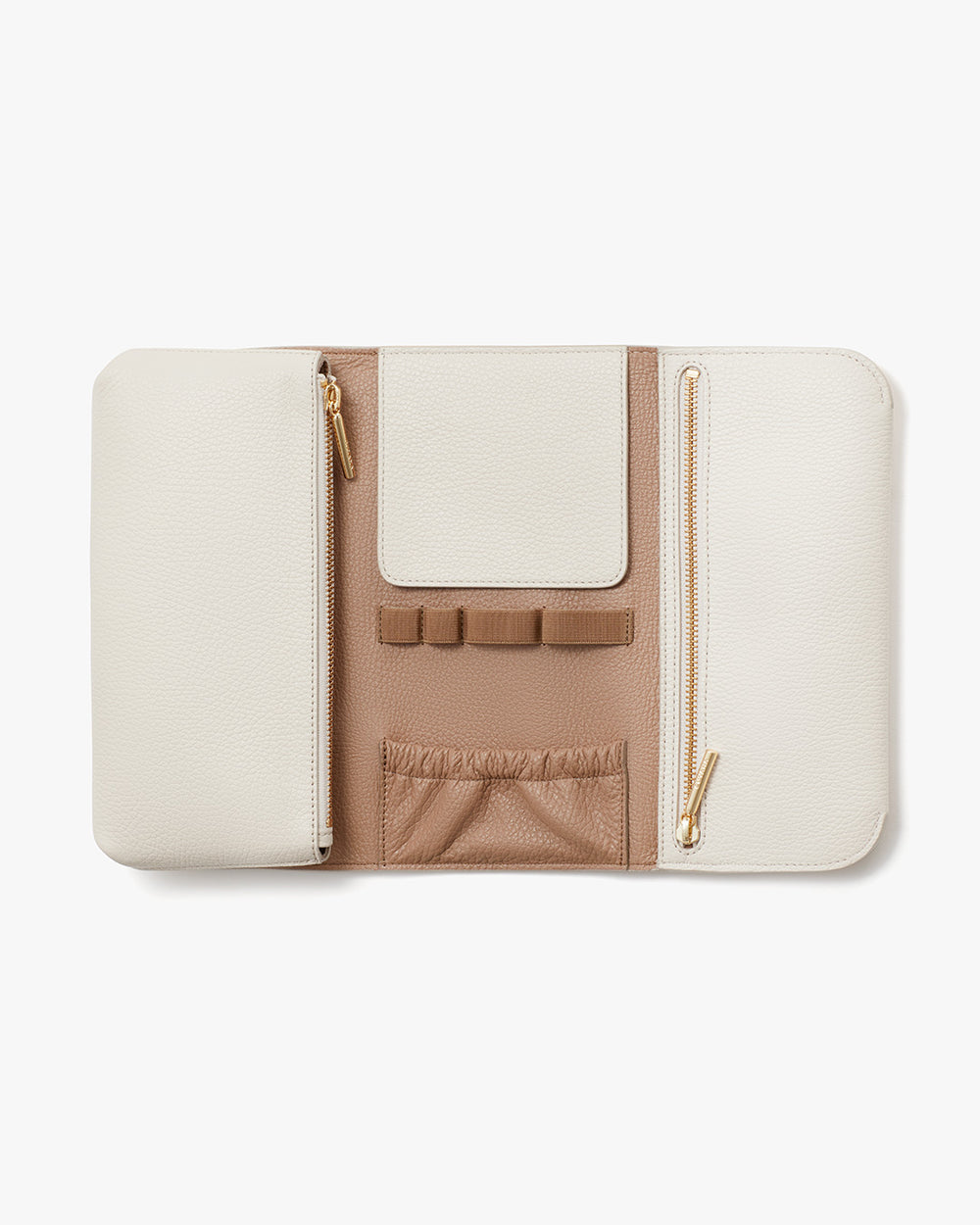 Wallet with multiple compartments and zippers open on a flat surface.