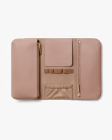 Open leather wallet with various compartments and zippers