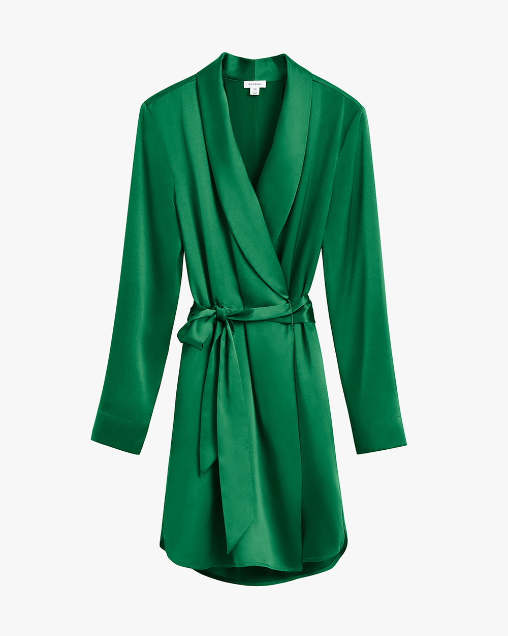 A long-sleeve wrap dress with a belt and a v-neckline.