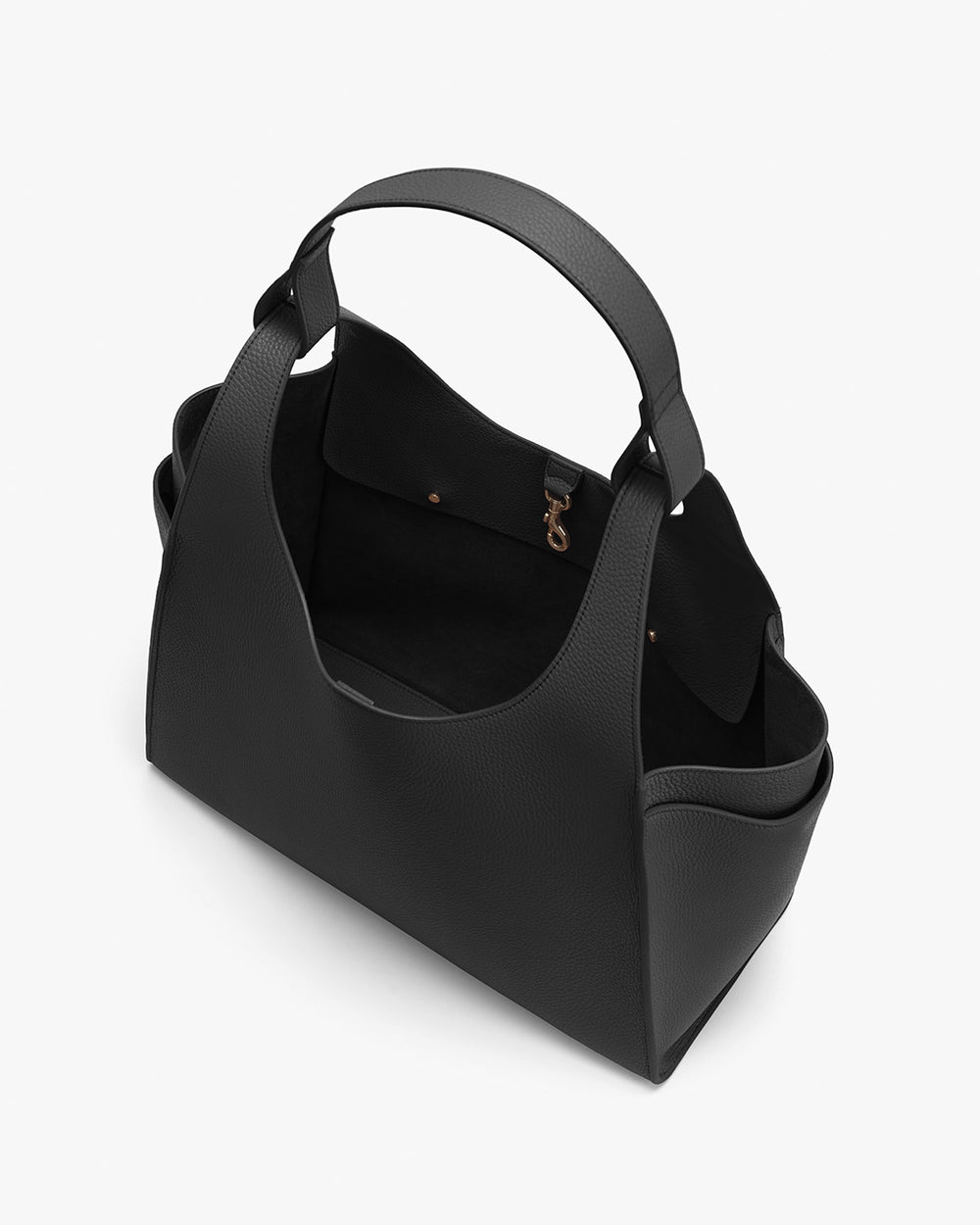 Handbag with open top and twin handles.
