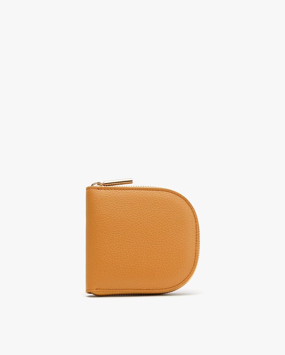 Small wallet with zipper, standing upright against a plain background.