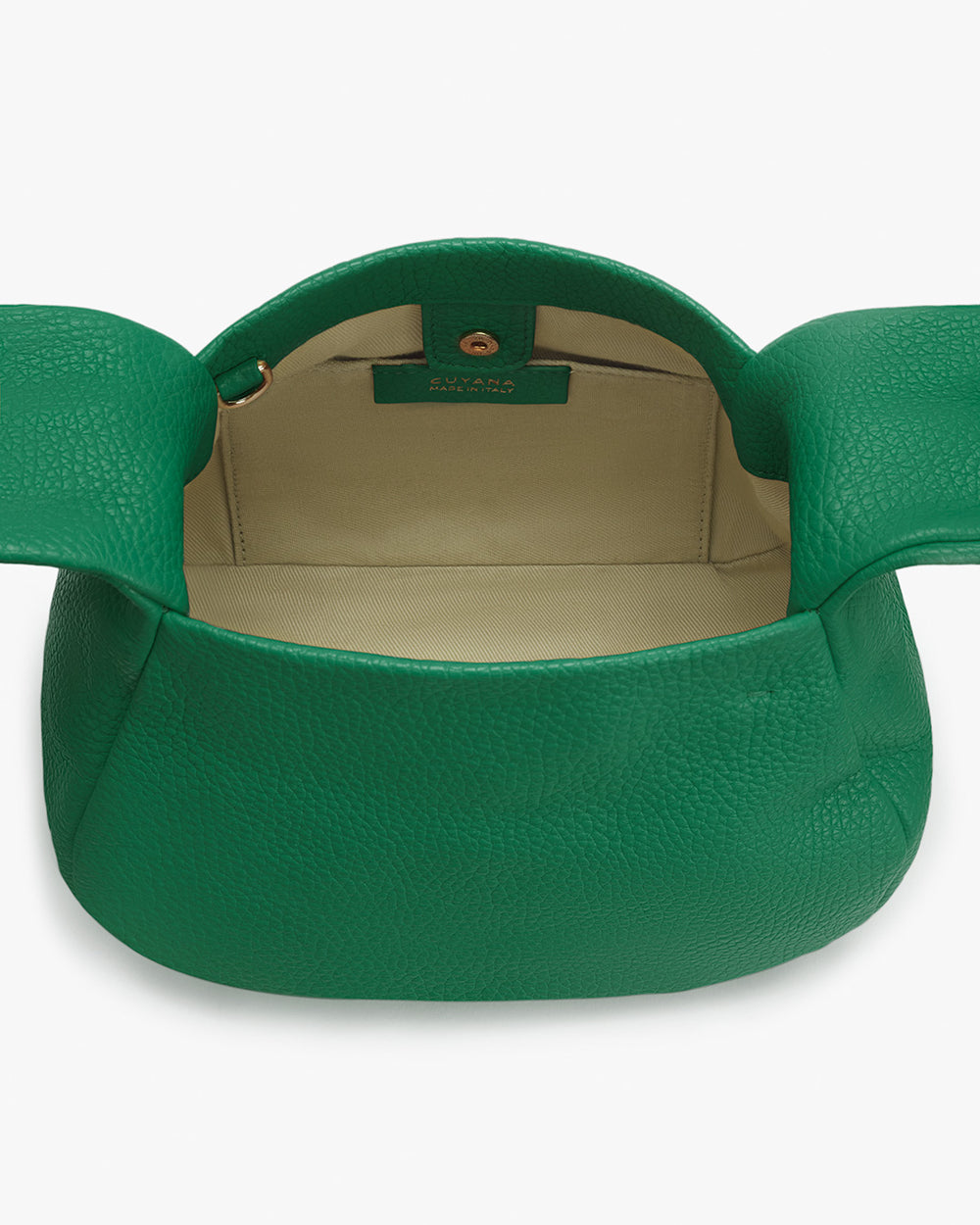 Open top view of a spacious, round-shaped handbag.
