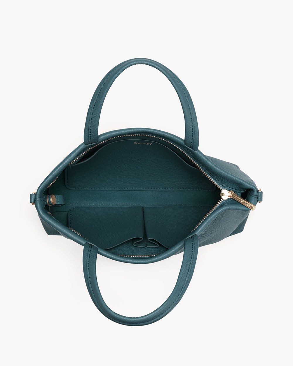 Open structured handbag with handles and visible interior pockets, seen from above.