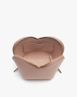 Heart-shaped pouch with open top and zipper closure.