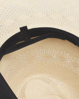 Close-up view of a hat with a ribbon detail.
