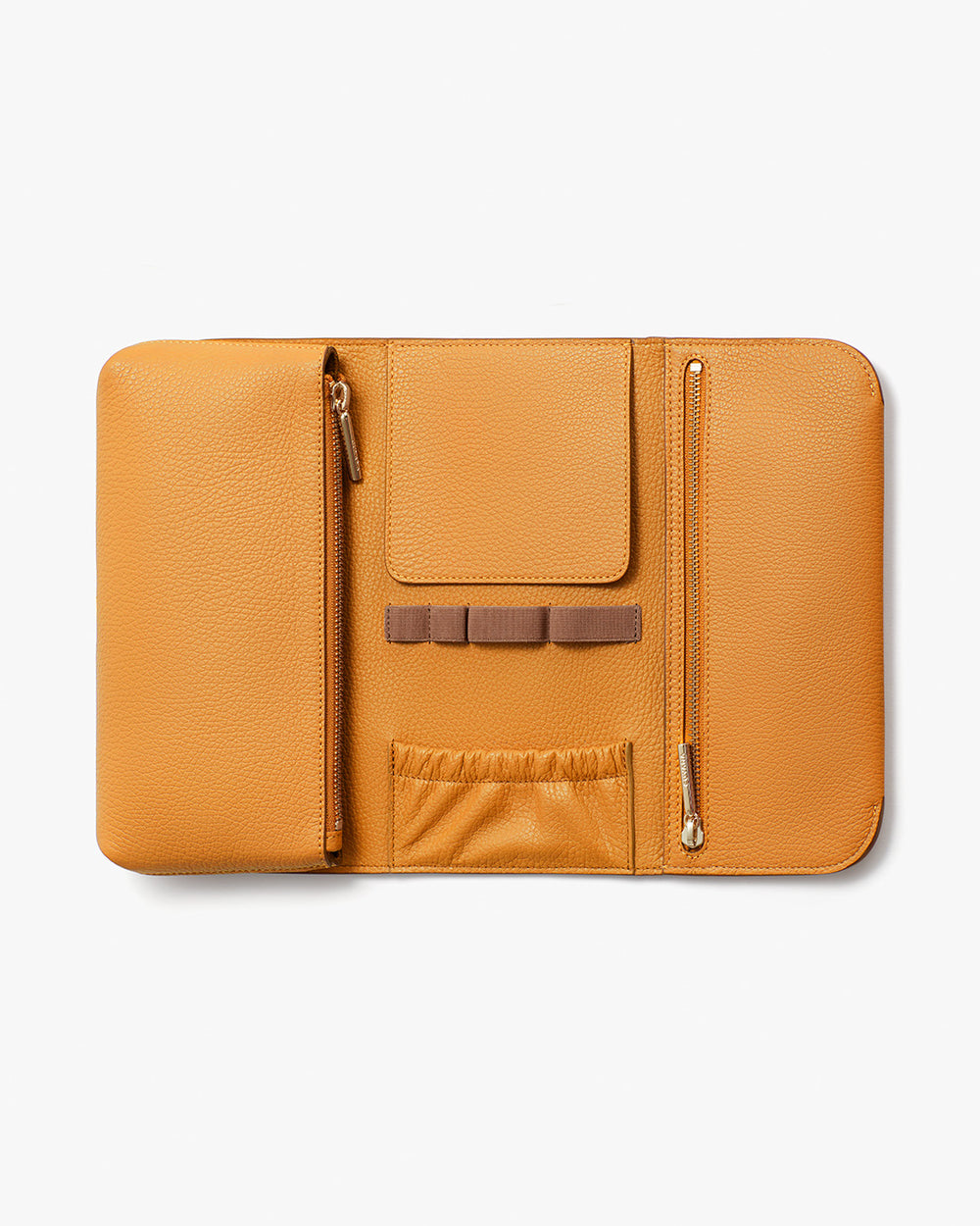 Organizer with pockets, elastic slots, zippered compartments, and pouches