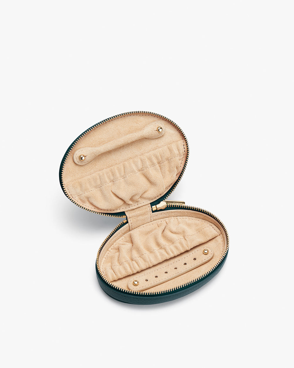 Oval-shaped jewelry case with open lid, showing interior compartments and elastic bands.