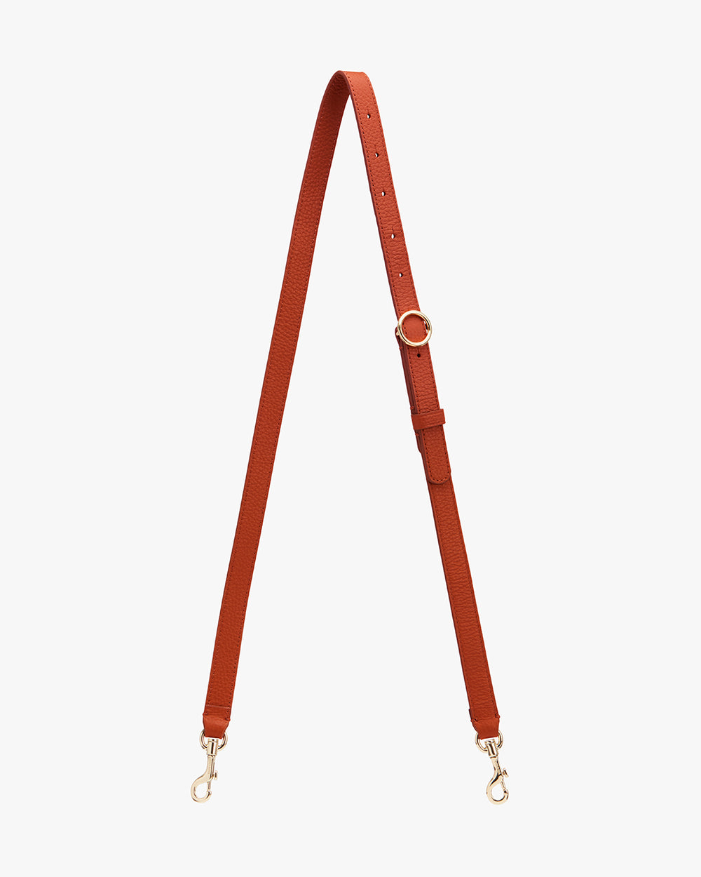Adjustable strap with metal clasps and buckle on a plain background.
