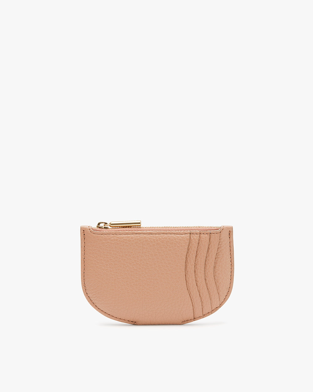 Semi-circular leather coin pouch with zipper and card slots