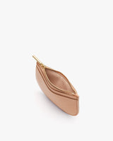 Small zippered pouch with card slots a gold zipper partially open.