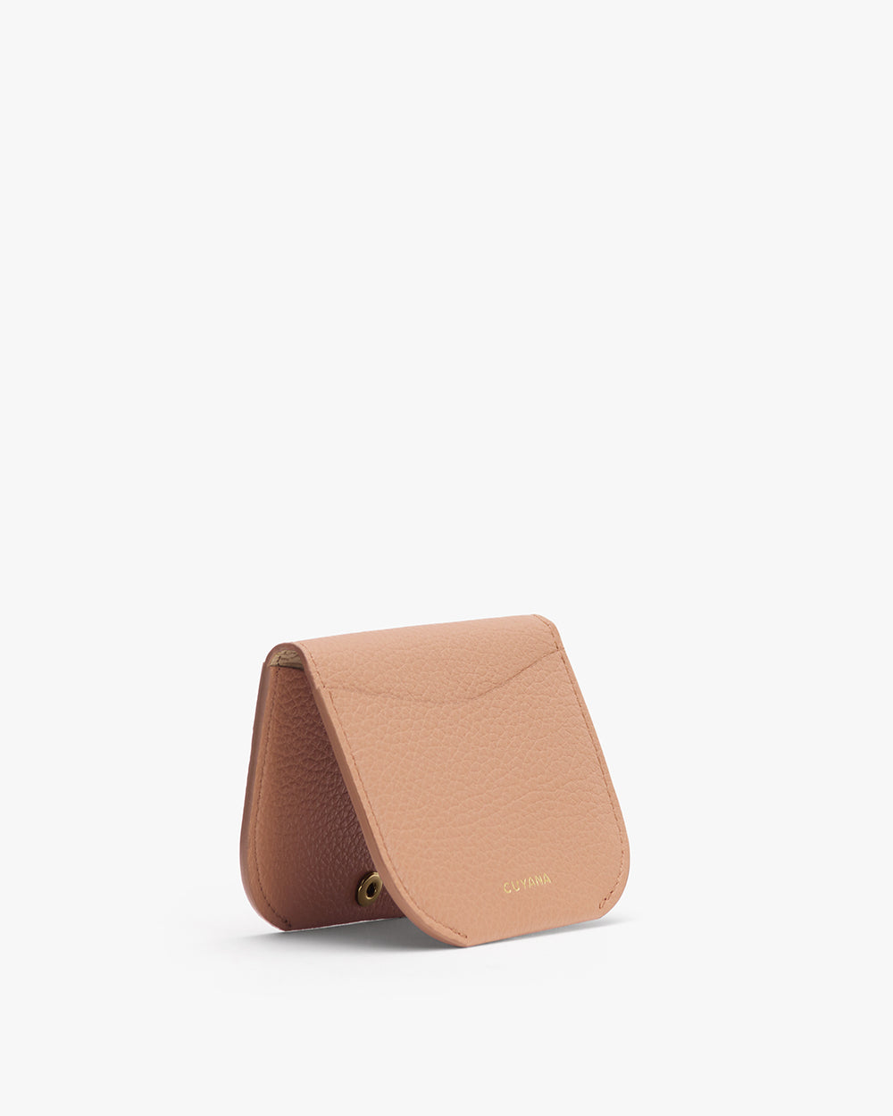 Small, minimalist wallet standing on a white background.