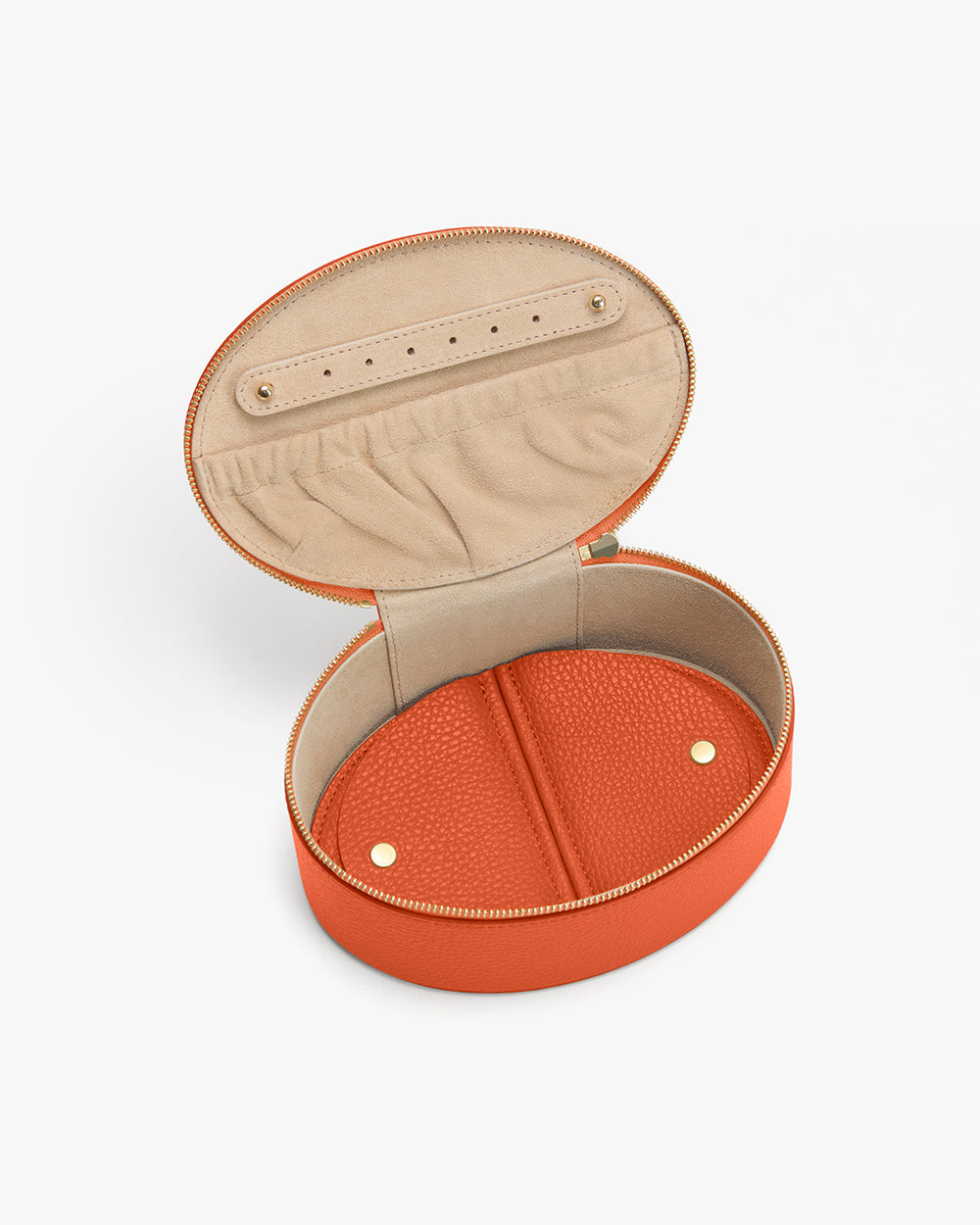 Open oval jewelry case with zipper and inner pockets