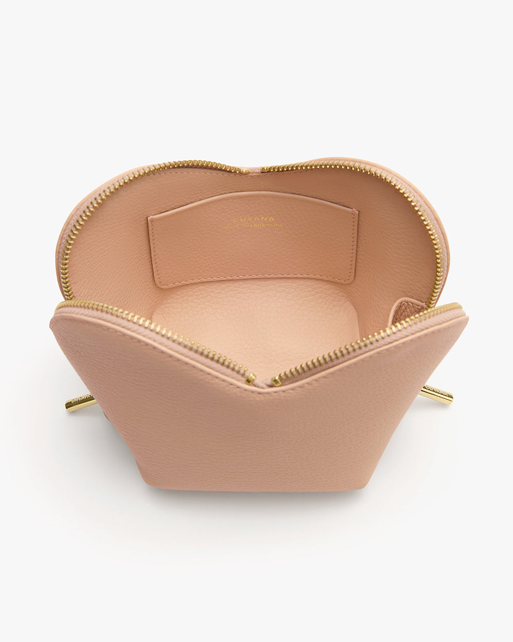 Open pouch with visible interior pocket and zippers.