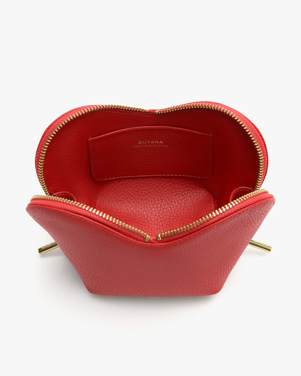 Open pouch with gold zipper detailing